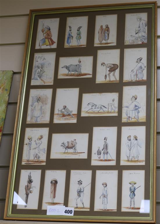 Anglo Indian School, framed set of 20 ink and watercolour studies of Indian servants and craftsmen, largest 11 x 7cm, framed as one